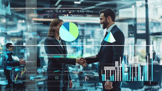 Businesspeople shake hands in sunlit office. Animated graphs and charts overlay the scene, emphasizing data-driven decision making. 