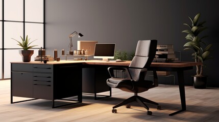 Modern Office Interior Design with Black Desk and Chair