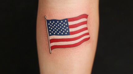 Realistic tattoo of a weathered American flag, colors vibrant yet showing time's passage, with detailed fraying along the edges