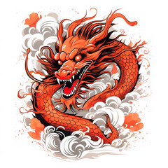 Fiery Red Dragon Soaring Through Clouds.