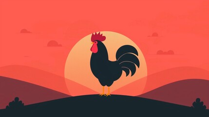2D illustration of a rooster crowing at sunrise with basic shapes on a neutral colored background in a simplicity of drawing in a minimalist vector style