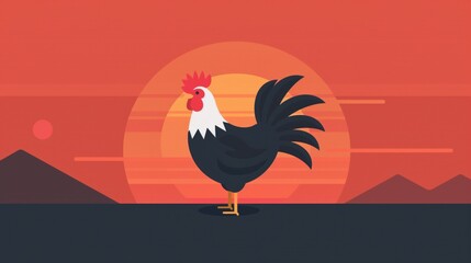 2D illustration of a rooster crowing at sunrise with basic shapes on a neutral colored background in a simplicity of drawing in a minimalist vector style
