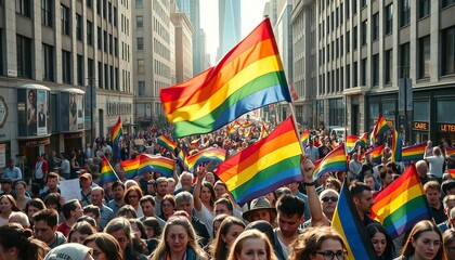 A vibrant and bustling city center is filled with a diverse crowd marching proudly, holding LGBTQ+ flags high. The lively scene features colorful banners and signs, as the enthusiastic group moves thr