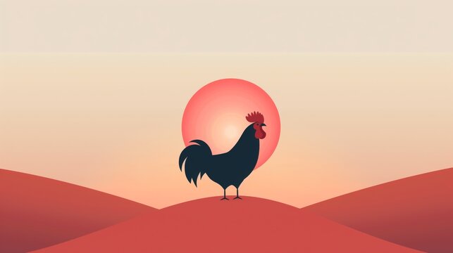 2D illustration of a rooster crowing at sunrise with basic shapes on a neutral colored background in a simplicity of drawing in a minimalist vector style
