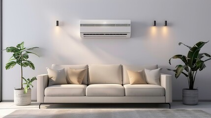 A modern living room interior with a white sofa, two potted plants, and an air conditioner.