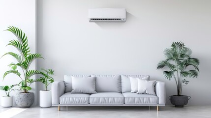 A white sofa with three pillows sits in front of a white wall with an air conditioner and two potted plants on either side.
