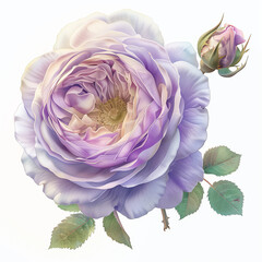 A beautifully detailed illustration of a lavender rose with green leaves and a budding flower.