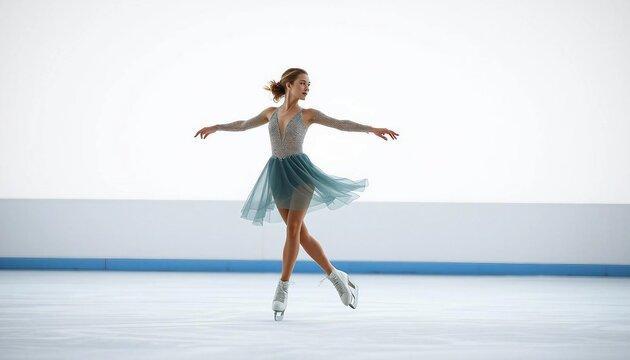 A female ice skater performs an elegant spin on a smooth, pristine rink, her graceful movements and sparkling costume shining against a bright, airy background with soft white tones, creating a clean 