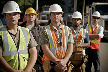 A group of construction workers in safety gear posing for a photo at a worksite.