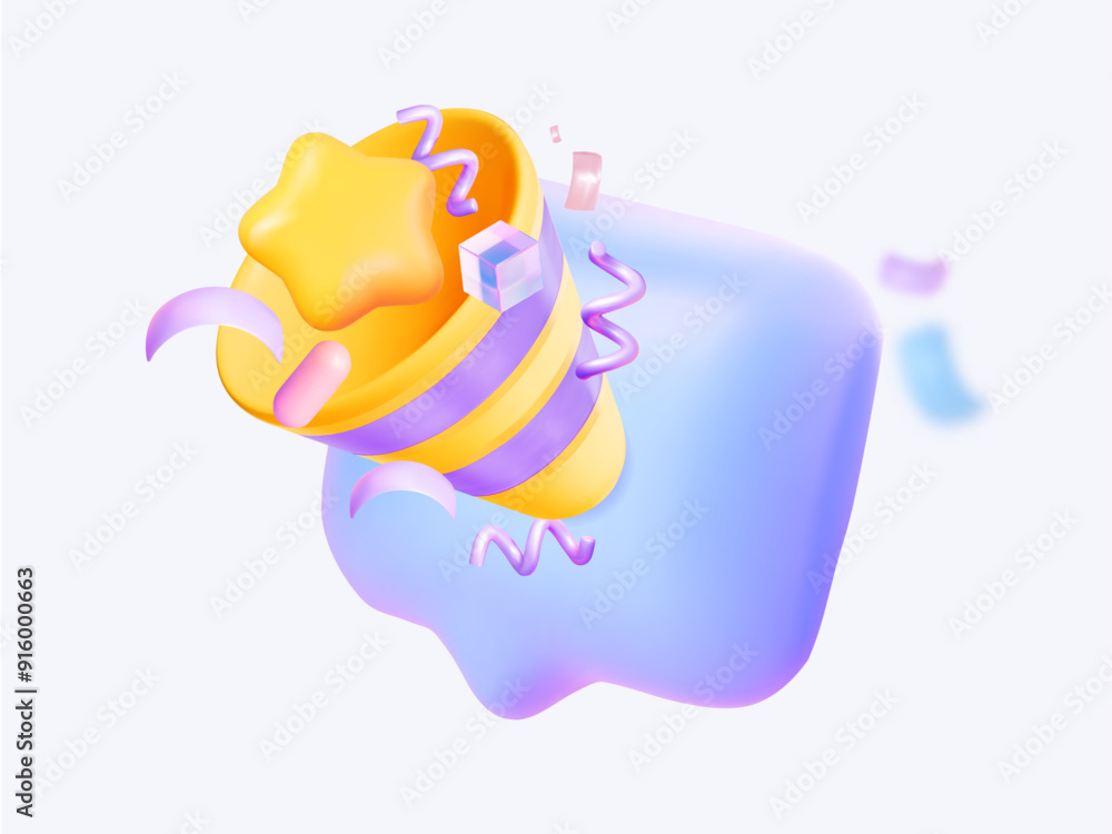 Poster 3d elements party popper. bright firecracker with a speech bubble. concept of birthday greetings or 