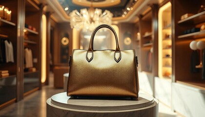 modern Metallic leather hand bag on a pedestal in a luxury boutique, opulent decor, spotlight, ad shot
