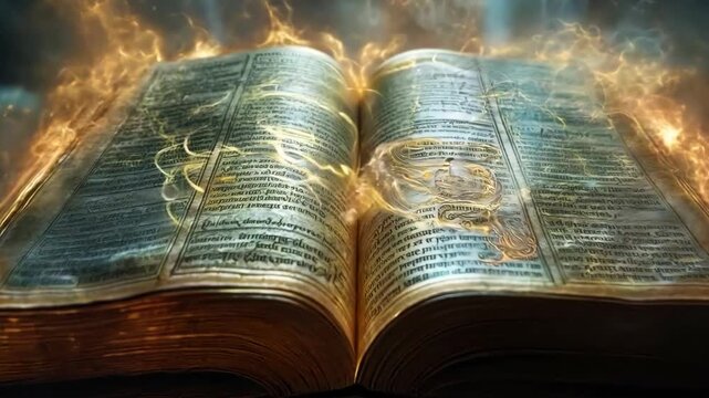 ancient holy book glow with energy flowing emerge around
