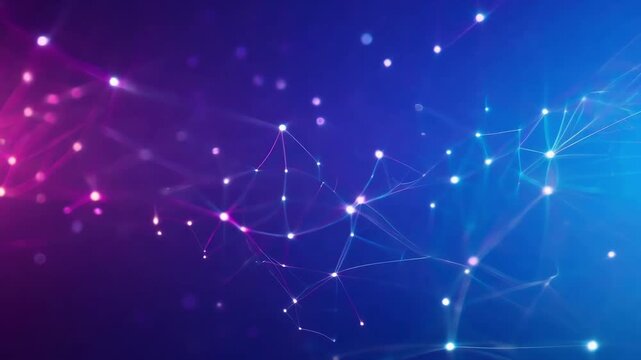 Abstract digital background featuring a network of glowing points and lines in blue and pink tones, ideal for modern tech themes.