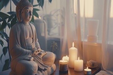 Tranquil zen space with Buddha statue, candles, and serene ambiance