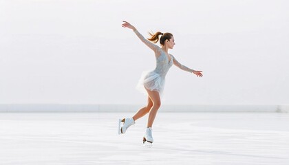 Fototapeta premium A female ice skater performs an elegant spin on a smooth, pristine rink, her graceful movements and sparkling costume shining against a bright, airy background with soft white tones, creating a clean 
