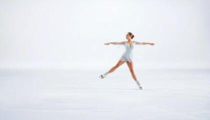 Obraz premium A female ice skater performs an elegant spin on a smooth, pristine rink, her graceful movements and sparkling costume shining against a bright, airy background with soft white tones, creating a clean 