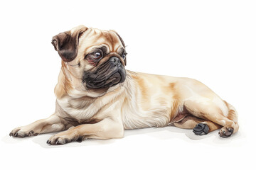 Obraz premium Pug dog lying down and looking to the side in a realistic digital illustration isolated on a clean white background.
