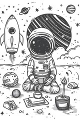 An Astronaut's Tranquil Moment: A Black and White Illustration of Space Exploration, Solitude, and Reflection