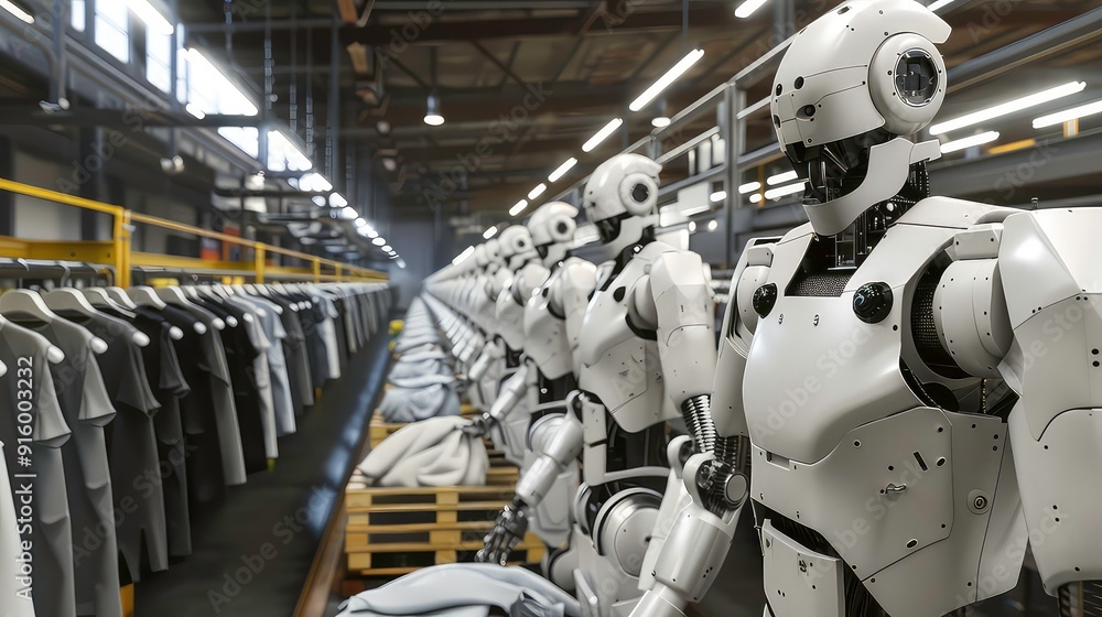 Poster a row of humanoid robots with robotic arms are folding and stacking grey shirts on a conveyor belt i