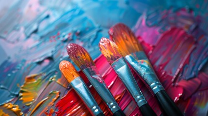 Artist paintbrushes with colorful paint on a palette