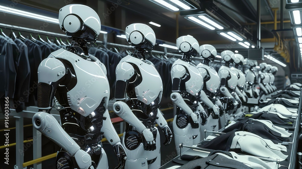 Poster a line of white robots with black accents stand in a factory setting with bright lights, each robot 