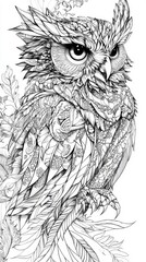Fototapeta premium Intricate Black and White Owl Illustration with Exquisite Feather Patterns, Ideal for Adult Coloring Books and Line Art Enthusiasts