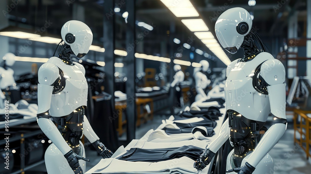 Aufkleber two white robots with glowing yellow lights are working in a factory. they are handling white and bl
