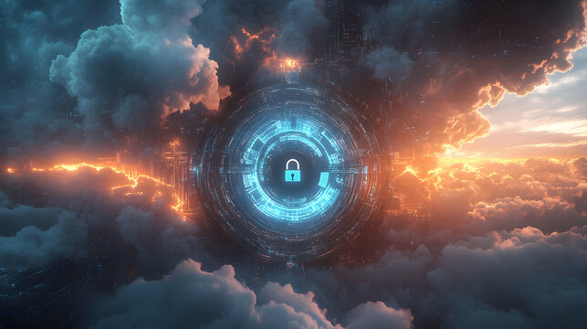 An illustration of the cybersecurity concept showcases an enormous digital shield, centrally featuring a lock, with clouds surrounding it to represent the safeguarding aspects of cybersecurity