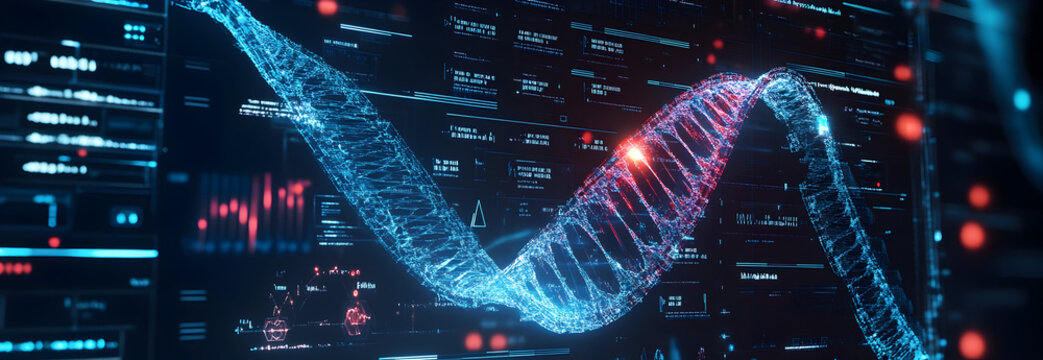The holographic display of DNA medical screening represents a cutting-edge advancement in scientific data analysis related to human health. This futuristic interface showcases a 3D