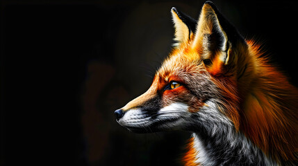 Obraz premium Closeup portrait of a vigilant red fox with piercing gaze and attentive expression in a dark natural environment showcasing the animal s keen senses intelligence