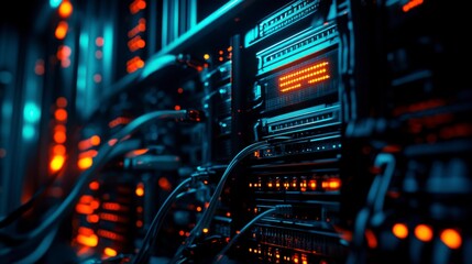 Fototapeta premium Cybersecurity on the Internet, a network of luminous servers and wires in a dark room.