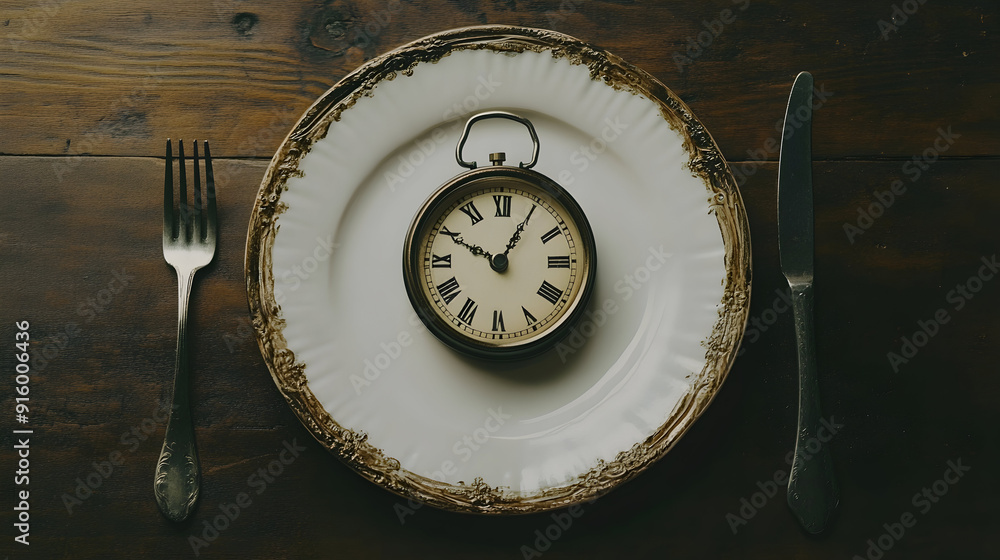 Poster empty plate with a clock inside and a fork on the side. image with copy space. intermittent fasting 