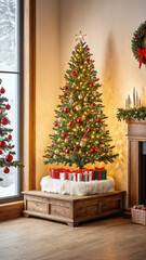 christmas decorated product display podium with christmas ornaments and lights, cozy christmas homem, christmas scenery with lights, cozy christmas podium with presentation space, ad, podium platform