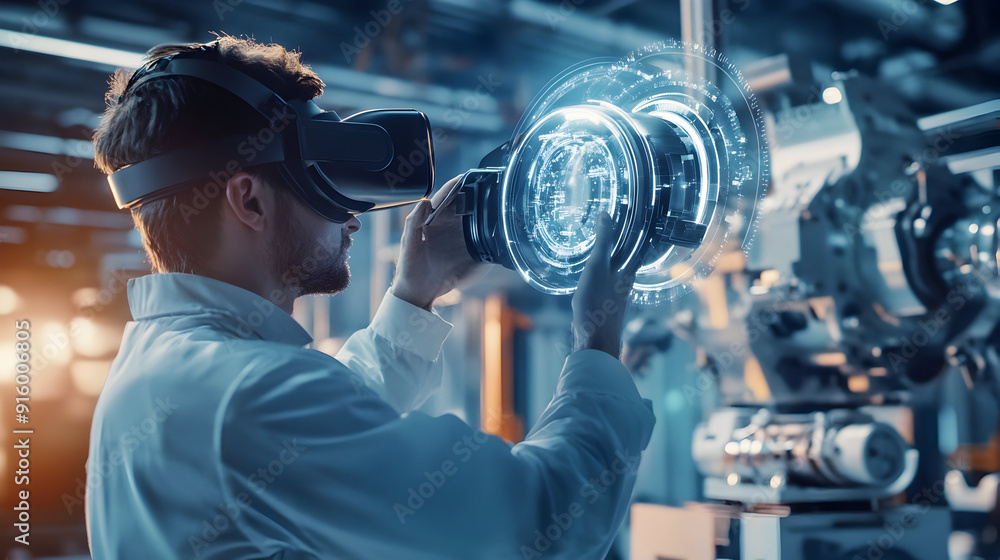 Poster a modern manufacturing engineer utilizing virtual reality, depicted in a generative ai-generated ima