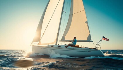 Fototapeta premium A sailboat races across the open sea in bright sunlight, with a competitive sailor adjusting the sails to harness the wind, as waves churn beneath and the wind whips through the sails.