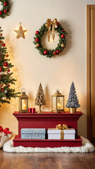 christmas decorated product display podium with christmas ornaments and lights, cozy christmas homem, christmas scenery with lights, cozy christmas podium with presentation space, ad, podium platform