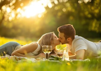 Fototapeta premium Romantic Couple Enjoying Sunset Picnic with Wine