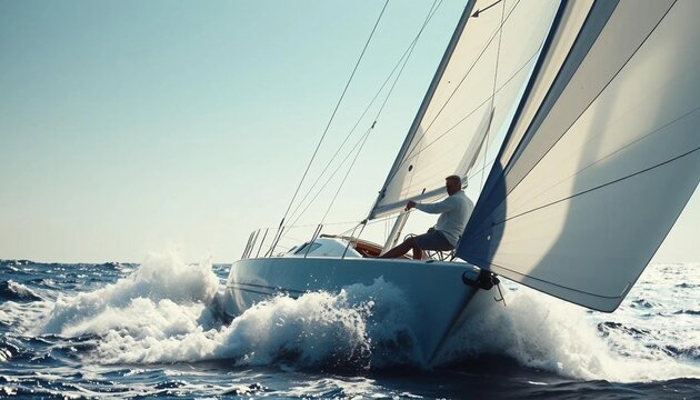 A sailboat races across the open sea in bright sunlight, with a competitive sailor adjusting the sails to harness the wind, as waves churn beneath and the wind whips through the sails.