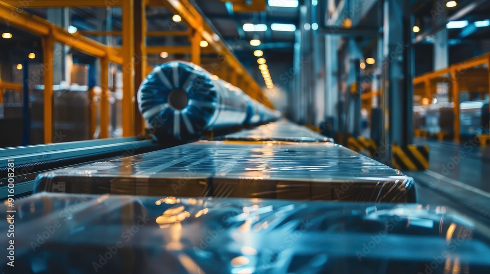 Poster a close-up shot of a conveyor belt in a factory with a large roll of material in the background. the