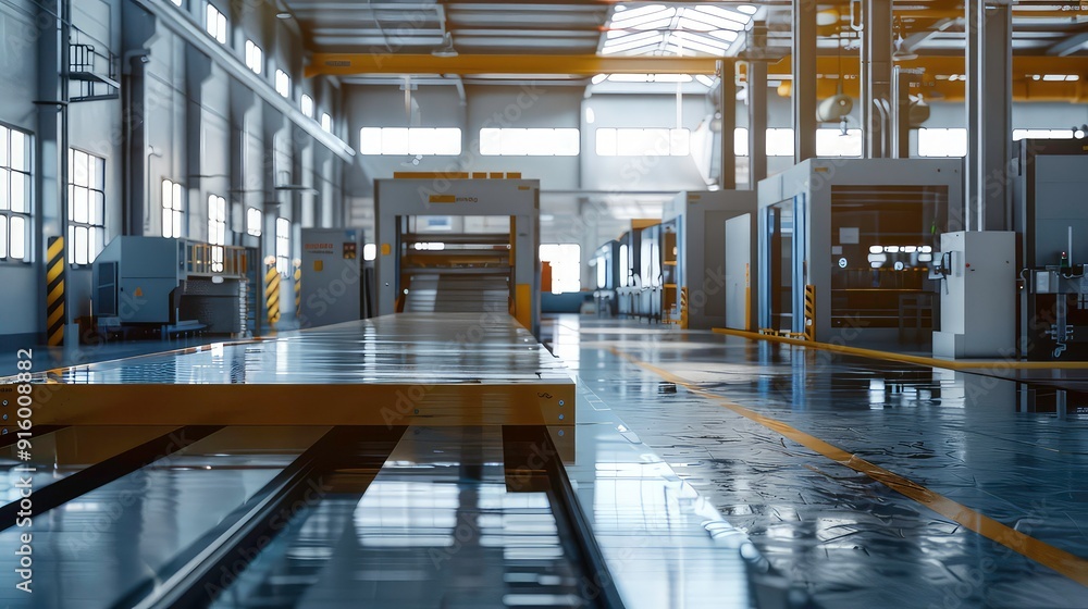 Poster a shiny metal conveyor belt in a factory with windows and a large machine in the background.
