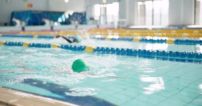 Pool, kids and lessons for swimming, stroke and swimwear for sport in water, fun and rave in gym. Fitness, athlete and competition for growth, development and children with speed, cardio and fast