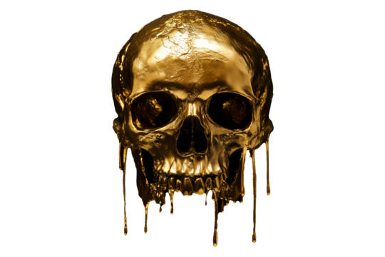 frontal view of a solid gold molten skull with dripping gold strands