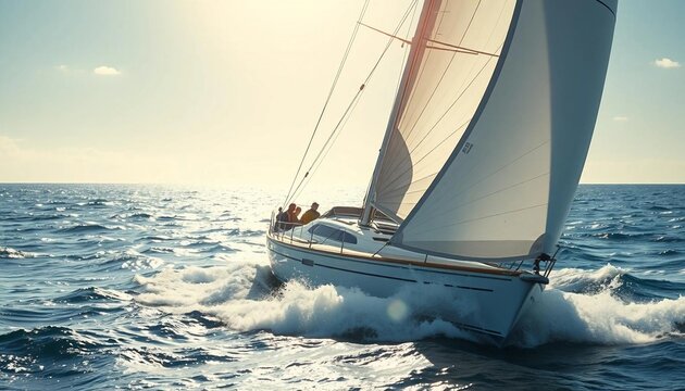 A sailboat races across the open sea in bright sunlight, with a competitive sailor adjusting the sails to harness the wind, as waves churn beneath and the wind whips through the sails.
