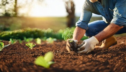 A gardener carefully tends to their outdoor herb garden, gently placing a vibrant green plant into the rich soil with their bare hands. Generated image