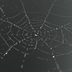 The web is in the center of the frame and is surrounded by a dark background. The water droplets are evenly spaced across the web and reflect the light from the surroundings.