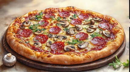 Detailed watercolor painting of a pizza topped with salami, mushrooms, herbs, and melted cheese on a wooden board.