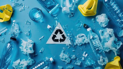 A blue background with a variety of plastic waste, including bottles, shards of glass, and a recycling symbol.