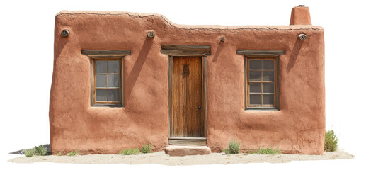 Adobe house in desert landscape at midday, cut out - stock png.