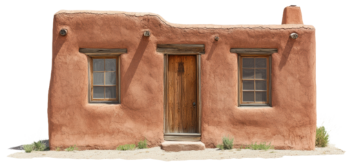 Adobe house in desert landscape at midday, cut out - stock png.
