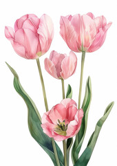 Fototapeta premium Pink tulip flowers with green leaves depicted in a delicate watercolor illustration isolated on a white background.